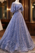 Blue Scoop Neckline Tulle Long Formal Prom Dress, Shiny A-Line Formal Evening Dress