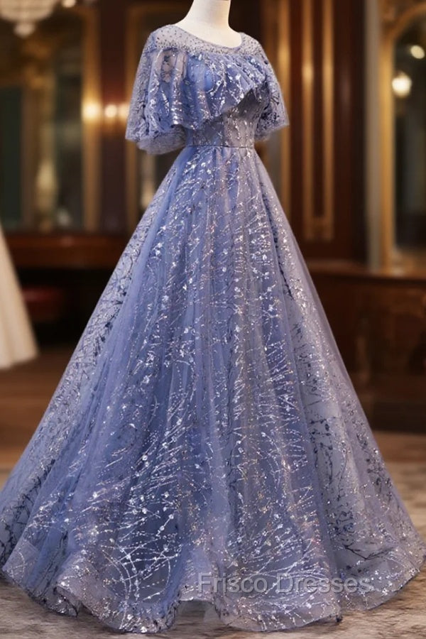 Blue Scoop Neckline Tulle Long Formal Prom Dress, Shiny A-Line Formal Evening Dress