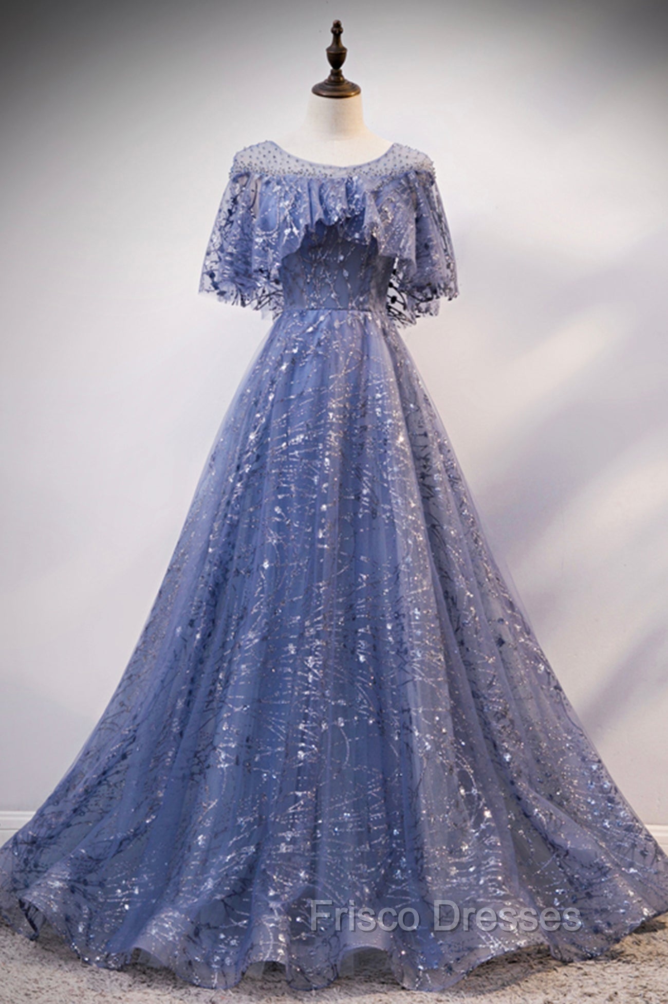 Blue Scoop Neckline Tulle Long Formal Prom Dress, Shiny A-Line Formal Evening Dress