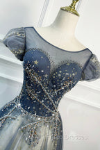 Blue Scoop Neckline Tulle Long Formal Prom Dress with Beaded, A-Line Evening Party Dress