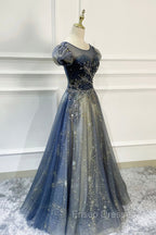 Blue Scoop Neckline Tulle Long Formal Prom Dress with Beaded, A-Line Evening Party Dress
