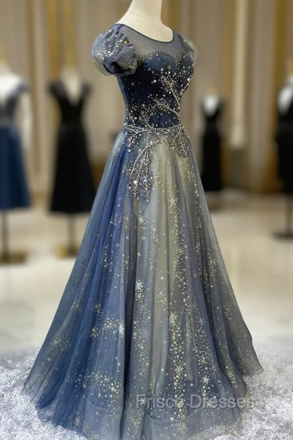 Blue Scoop Neckline Tulle Long Formal Prom Dress with Beaded, A-Line Evening Party Dress