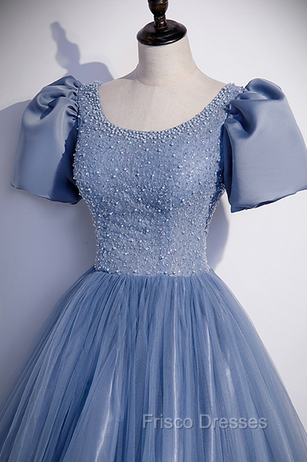 Blue Scoop Tulle Long Formal Prom Dress, A-Line Short Sleeve Formal Dress