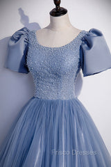 Blue Scoop Tulle Long Formal Prom Dress, A-Line Short Sleeve Formal Dress