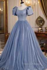 Blue Scoop Tulle Long Formal Prom Dress, A-Line Short Sleeve Formal Dress