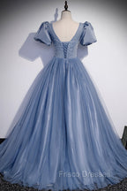 Blue Scoop Tulle Long Formal Prom Dress, A-Line Short Sleeve Formal Dress