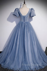 Blue Scoop Tulle Long Formal Prom Dress, A-Line Short Sleeve Formal Dress