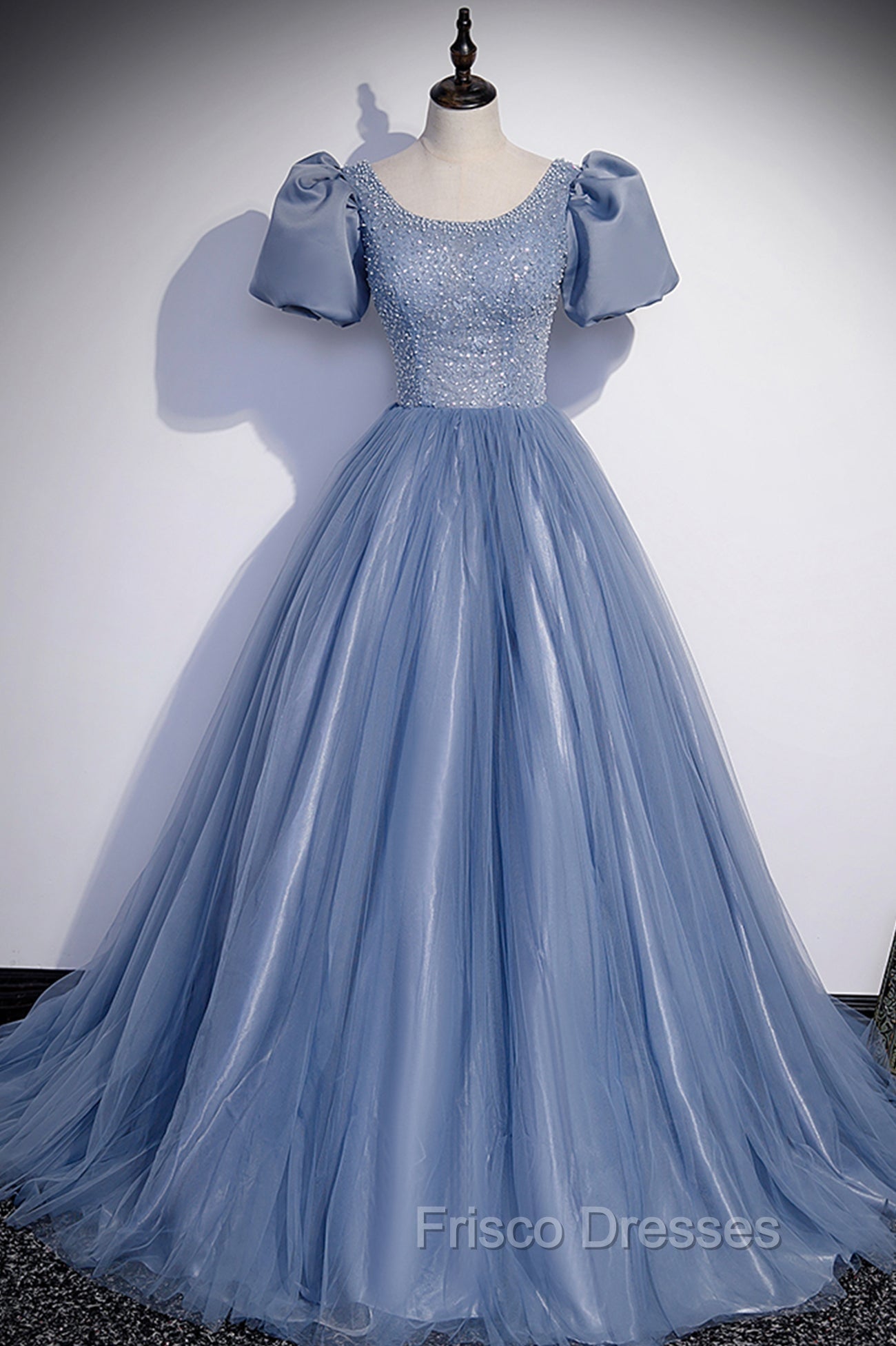 Blue Scoop Tulle Long Formal Prom Dress, A-Line Short Sleeve Formal Dress Main image