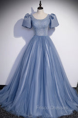 Blue Scoop Tulle Long Formal Prom Dress, A-Line Short Sleeve Formal Dress
