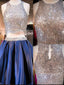 Blue sequin two pieces sparkly off shoulder sexy homecoming prom dress