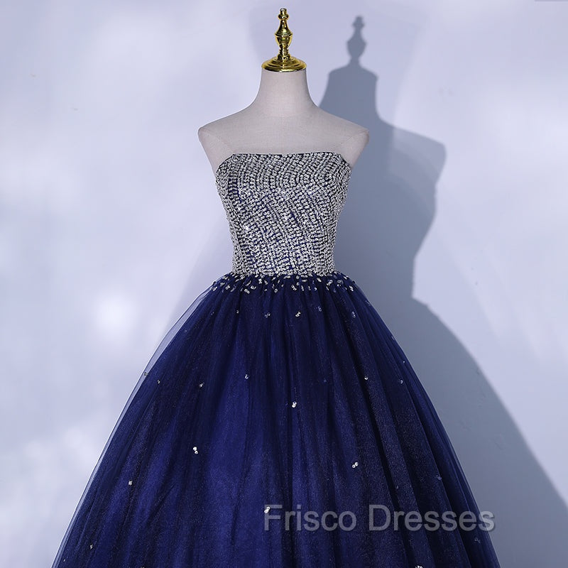 Blue Sequins and Beaded Ball Gown Tulle Lace-up Formal Dress,Blue Evening Dress Party Dress