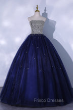 Blue Sequins and Beaded Ball Gown Tulle Lace-up Formal Dress,Blue Evening Dress Party Dress