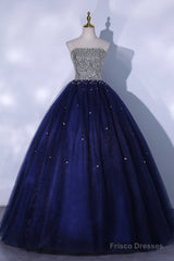 Blue Sequins and Beaded Ball Gown Tulle Lace-up Formal Dress,Blue Evening Dress Party Dresses