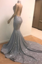 Blue Sequins Backless Long Mermaid Crystal Beaded Formal Prom Dress