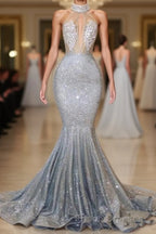 Blue Sequins Backless Long Mermaid Crystal Beaded Formal Prom Dress