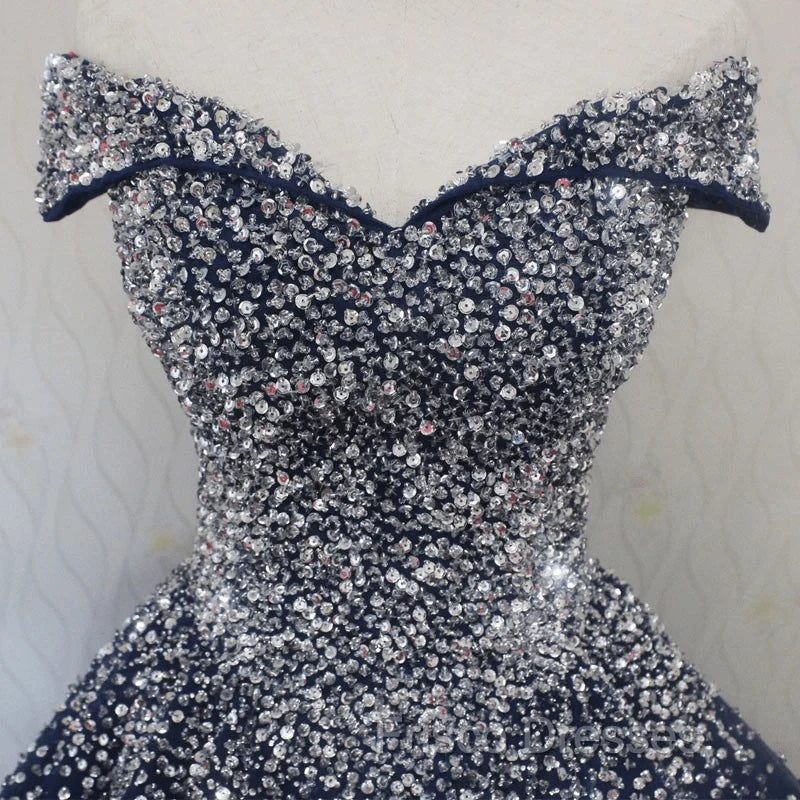 Blue Sequins Ball Gown Off Shoulder Party Dress Blue Sweet 16 Gown Formal Prom Dress shops