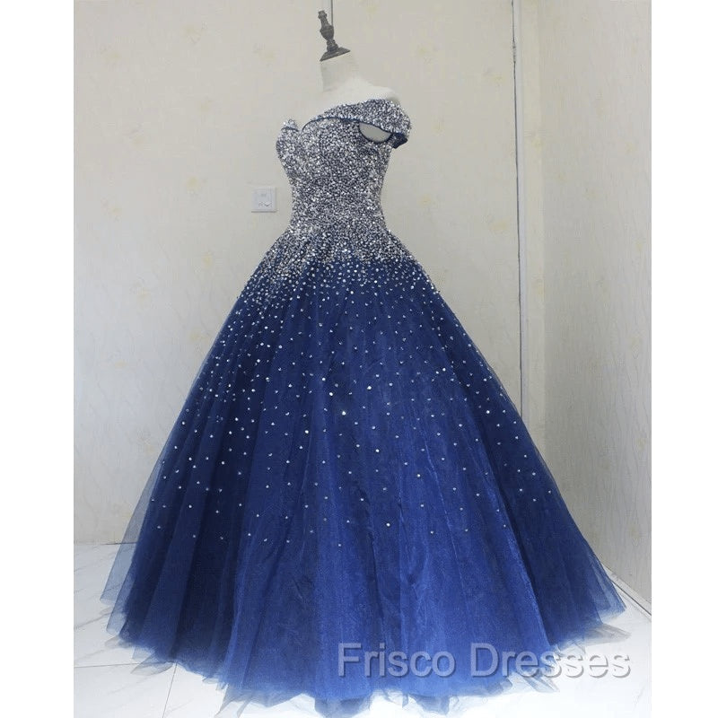 Blue Sequins Ball Gown Off Shoulder Party Dress Blue Sweet 16 Gown Formal Prom Dress shops