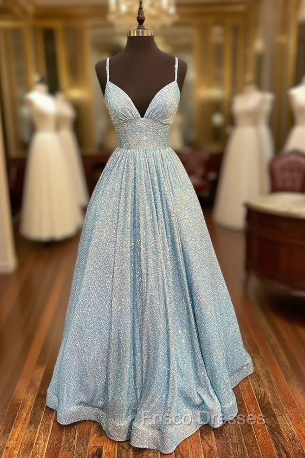 Blue Sequins Long A-Line Formal Prom Dress, V-Neck Shiny Evening Party Dress Main image