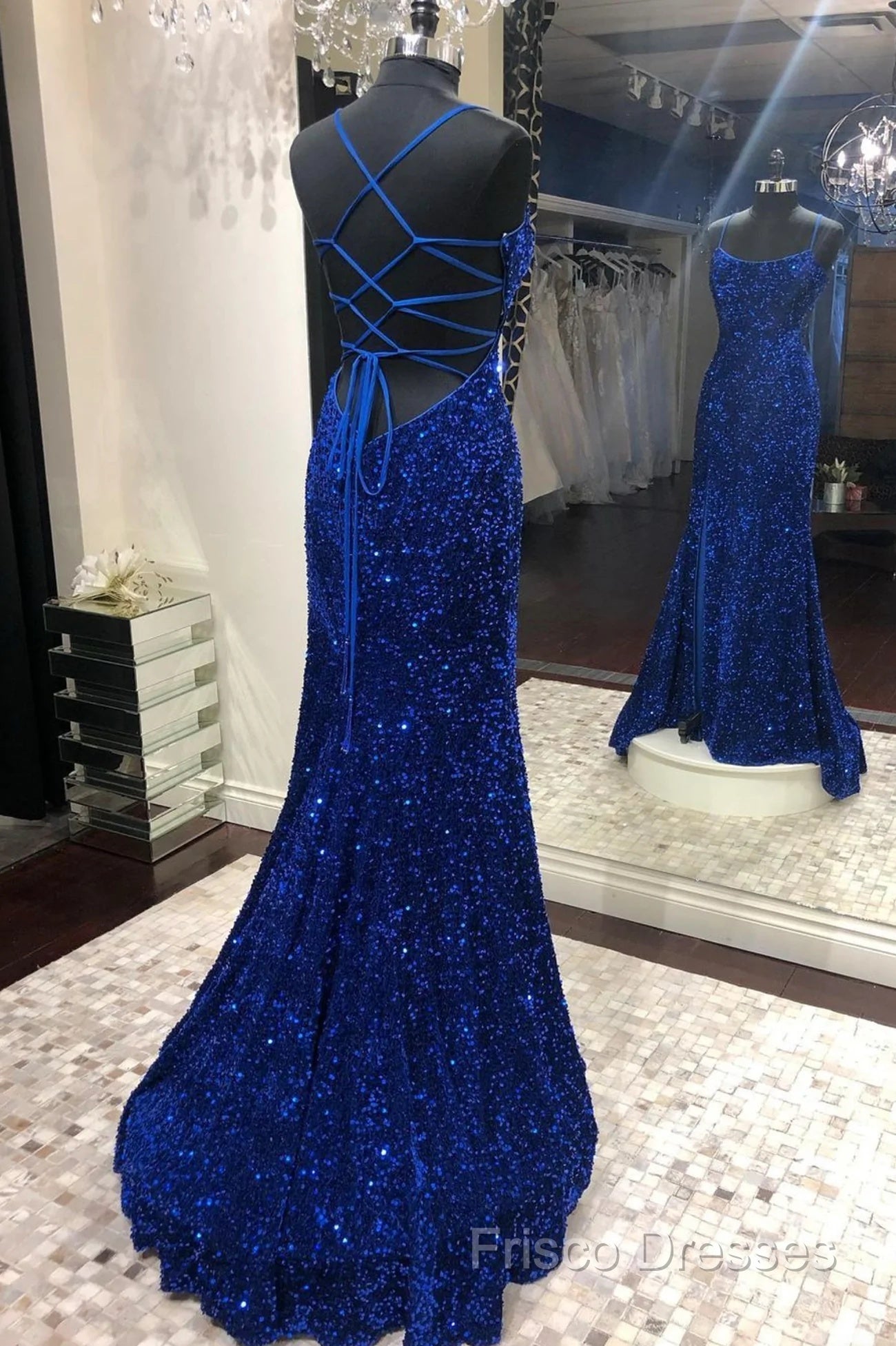 Blue Sequins Long Formal Prom Dress Mermaid Formal Dress