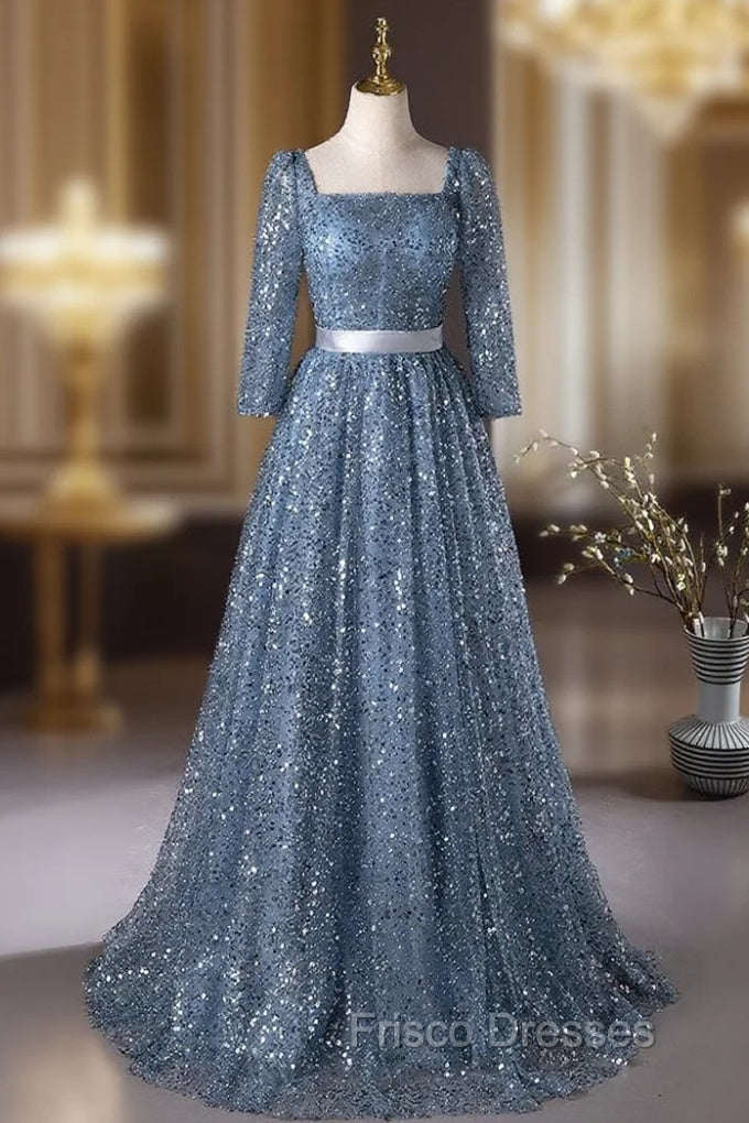 Blue Sequins Long Sleeve Square Formal Prom Dress Main image