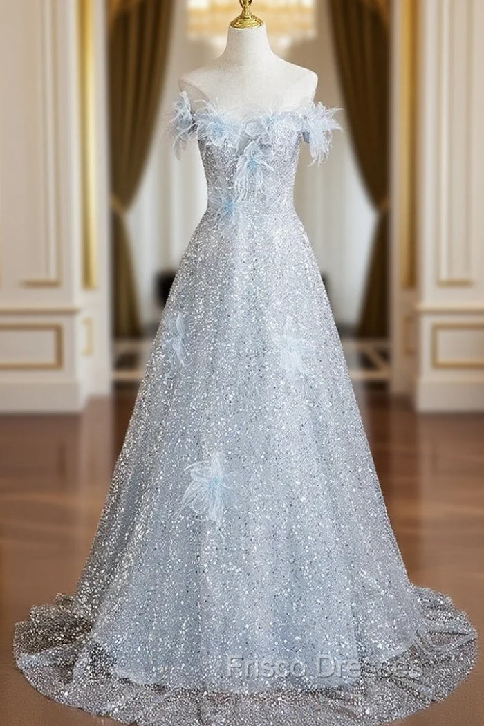 Blue Sequins Off the Shoulder Flower Formal Prom Dress