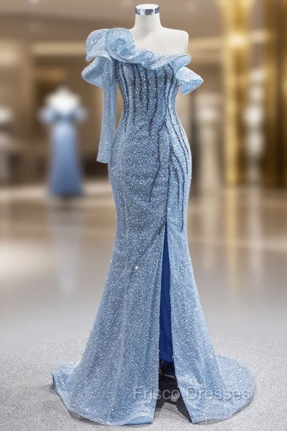 Blue Sequins One Shoulder Beading Formal Prom Dress Main image