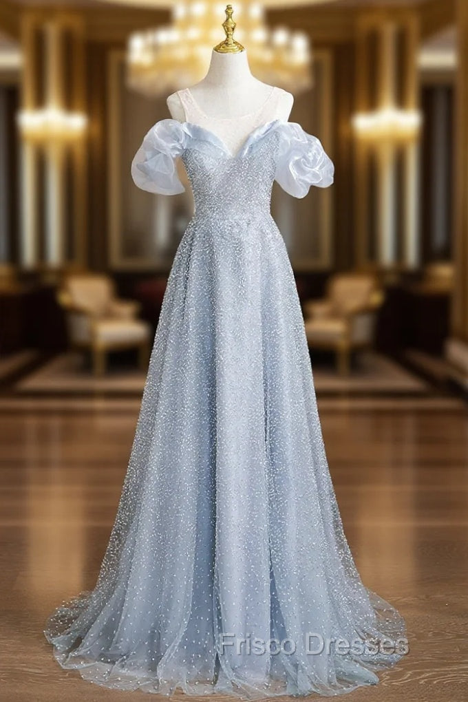 Blue Sequins Scoop Neck Backless Formal Prom Dress