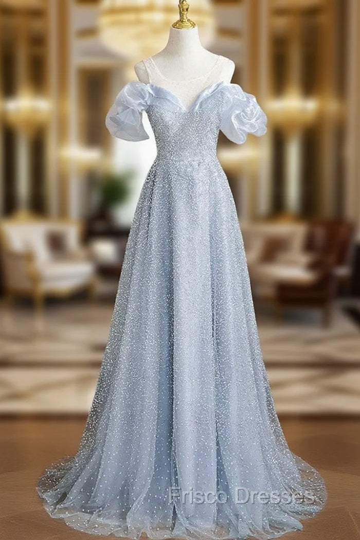 Blue Sequins Scoop Neck Formal Prom Dress