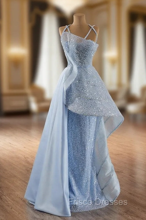 Blue Sequins Spaghetti Straps Formal Prom Dress