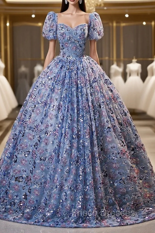 Blue Sequins Square Short Sleeve Quinceanera Dress Main image