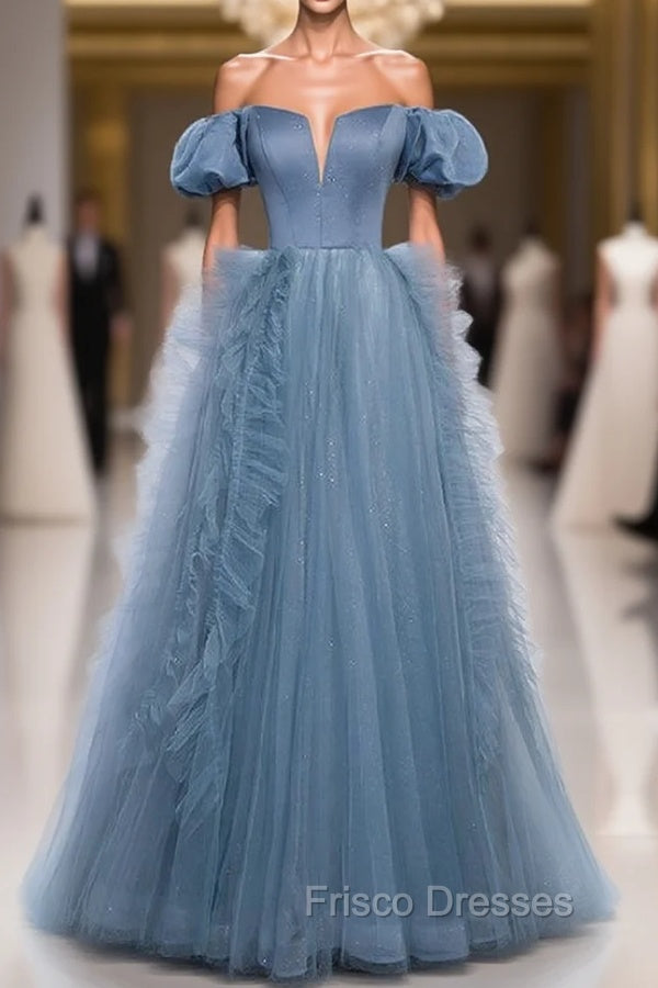 Blue Sequins Tulle Off the Shoulder Formal Prom Dress Main image