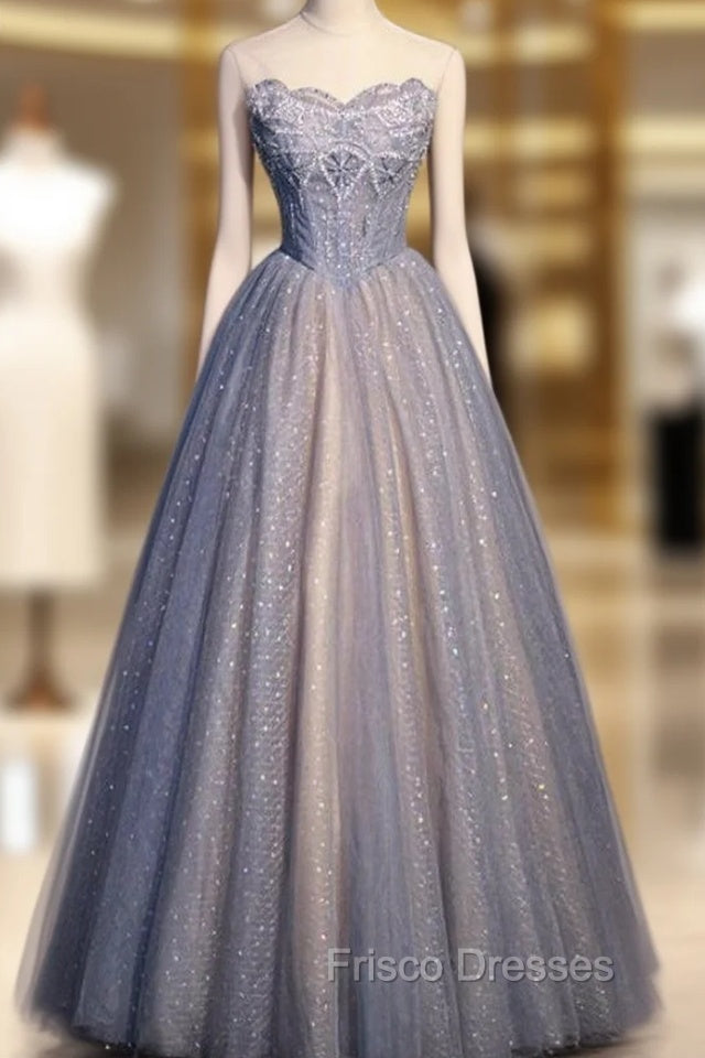 Blue Sequins Tulle Strapless Beading Formal Prom Dress Main image