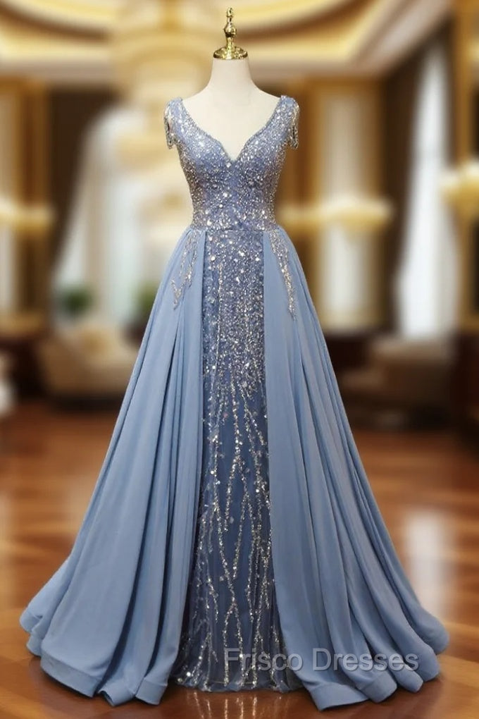Blue Sequins V-neck Beading Formal Prom Dress Main image