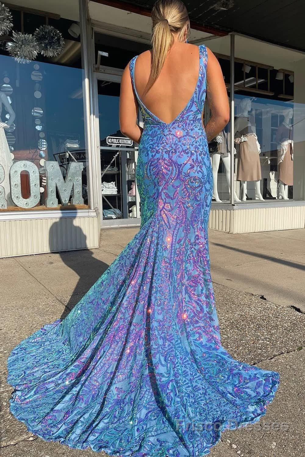 Blue Sequins V-Neck Mermaid Prom Dress Secondary image