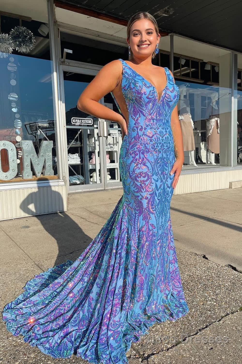 Blue Sequins V-Neck Mermaid Prom Dress Main image