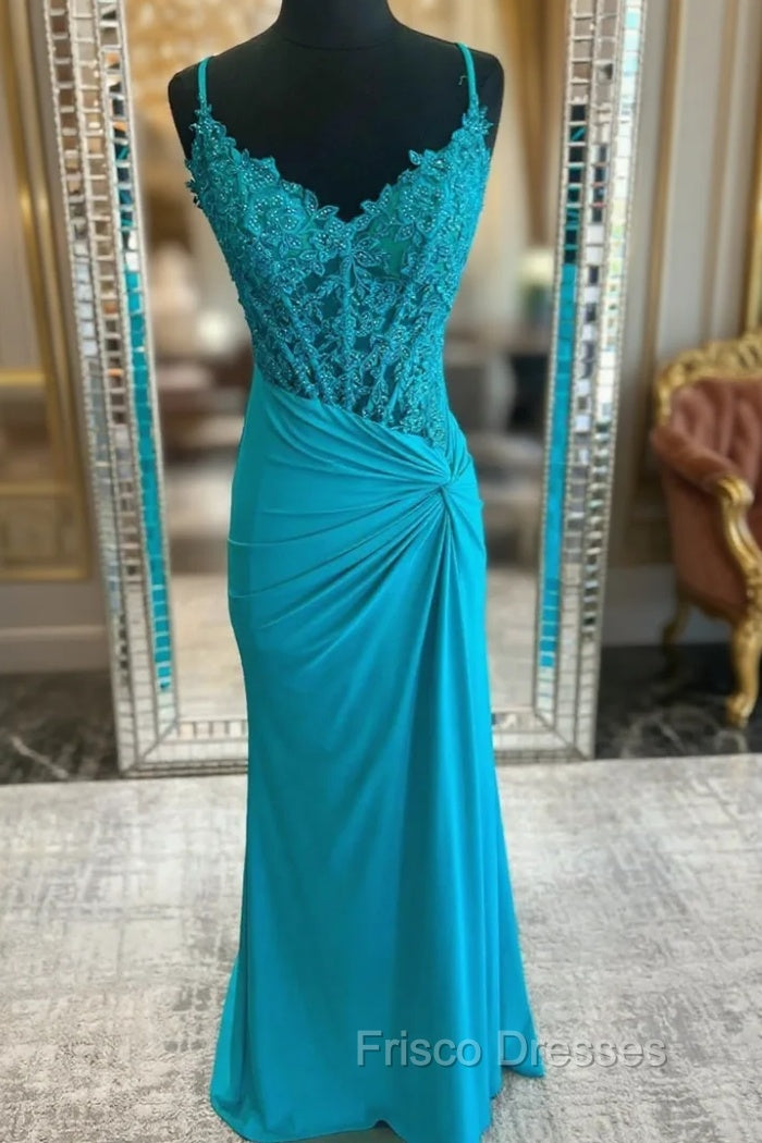Blue Sheath Straps Appliques Beading Formal Prom Dress