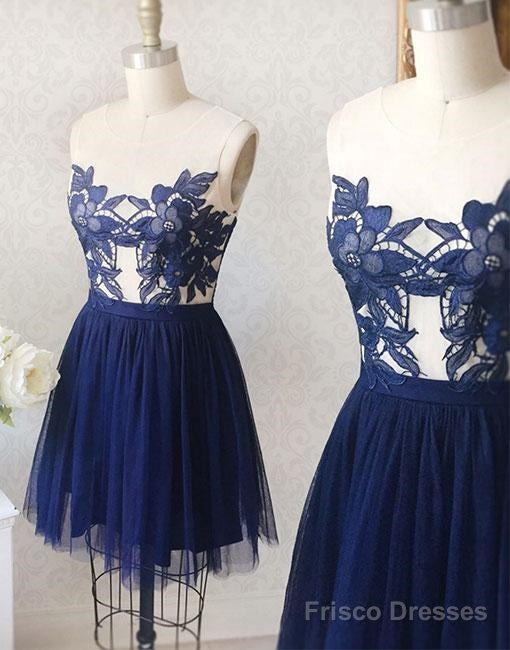 Blue Sheer Neck Lace Applique Short Prom Dress Secondary image