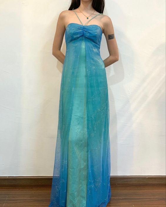 Blue Shiny Fashion Gradient Spray Gold Retro Elegant Sling Long Tulle Ball Gown Evening Dress Party Dress