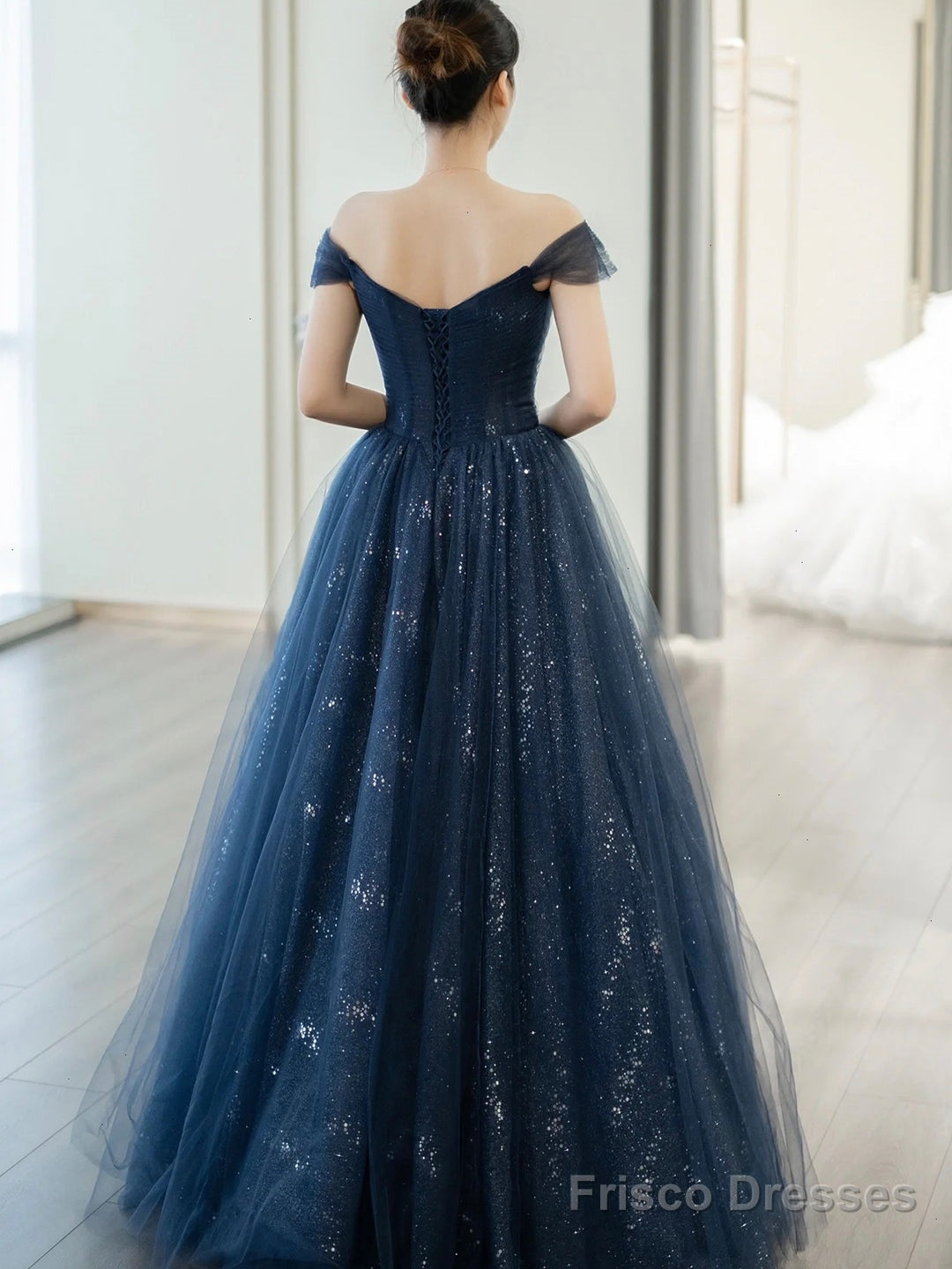 Blue Shiny Tulle Floor Length Prom Dress, Off The Shoulder A-Line Evening Party Dress Secondary image