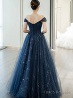 Blue Shiny Tulle Floor Length Prom Dress, Off The Shoulder A-Line Evening Party Dress