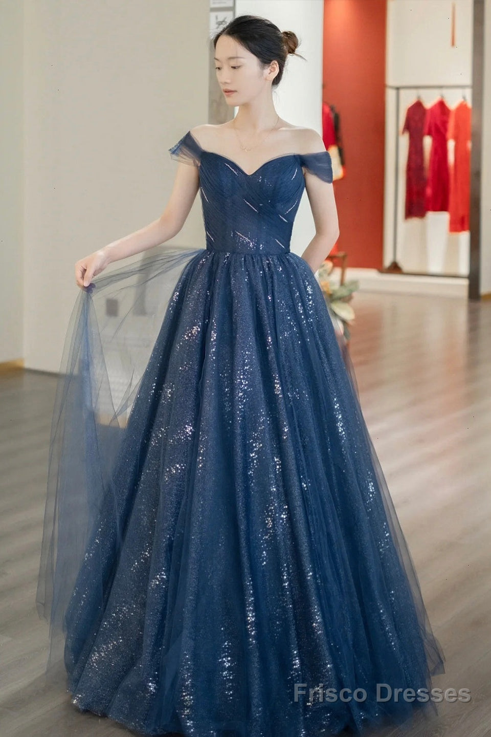Blue Shiny Tulle Floor Length Prom Dress, Off The Shoulder A-Line Evening Party Dress