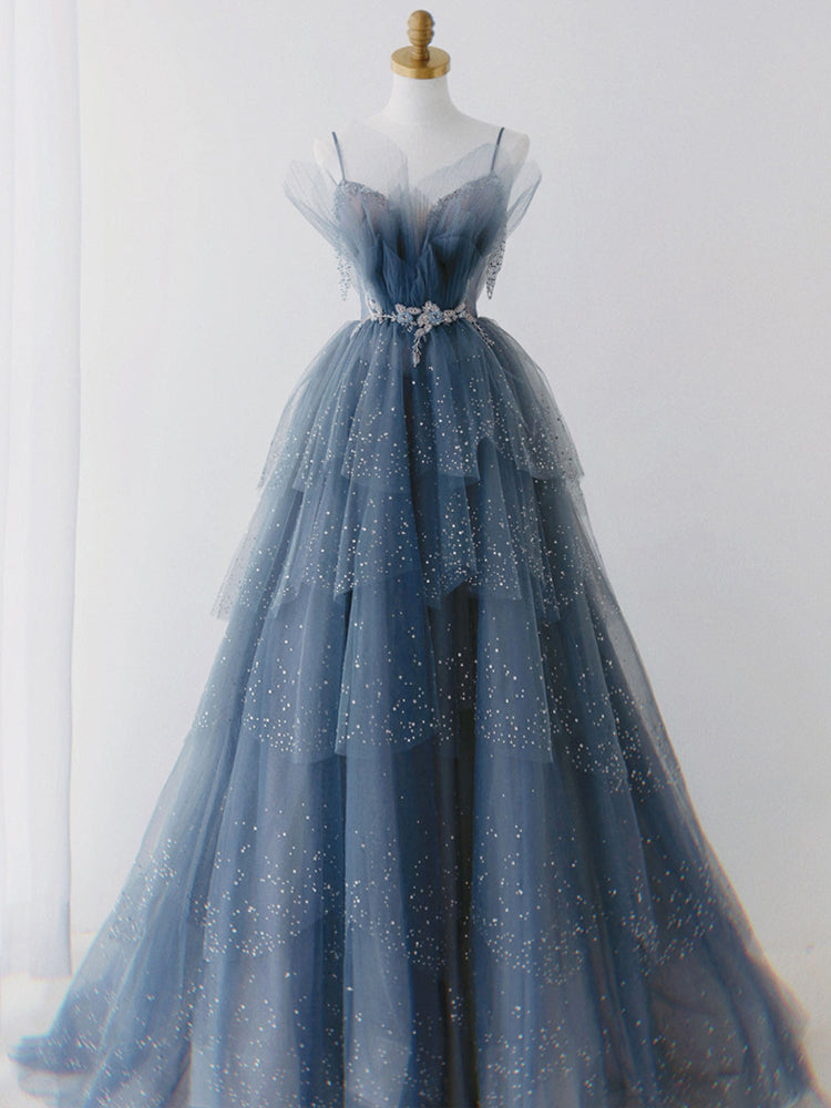 Blue Shiny Tulle Layers Straps Beaded Long Prom Dress, A-Line Chic Evening Dress Secondary image