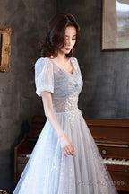 Blue Shiny Tulle Long A-Line Prom Dress, Blue Short Sleeve Evening Dress