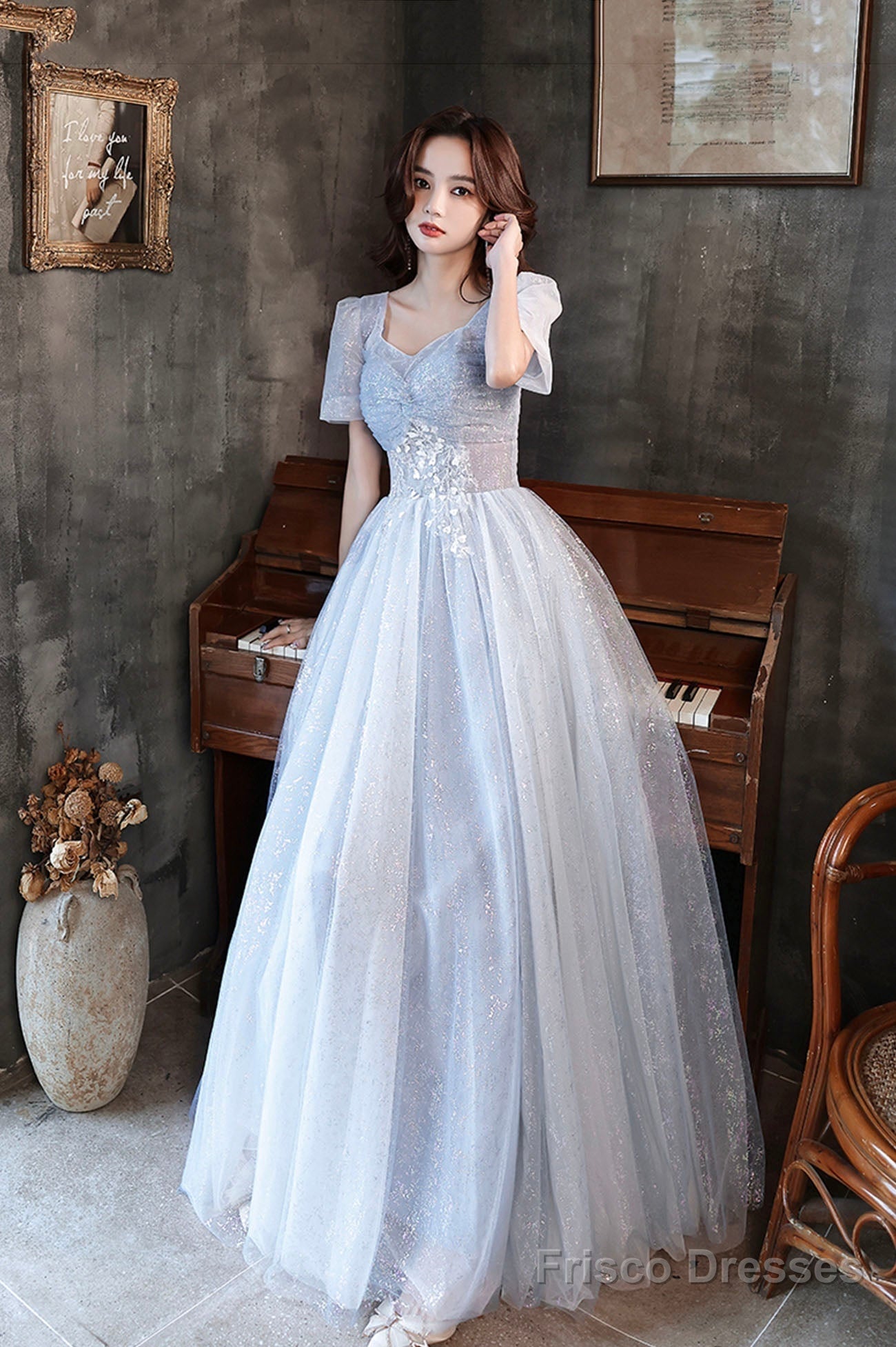 Blue Shiny Tulle Long A-Line Prom Dress, Blue Short Sleeve Evening Dress