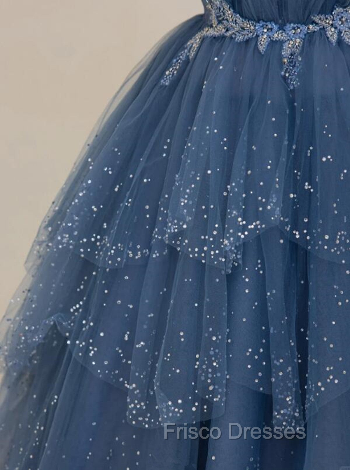 Blue Shiny Tulle Long Beaded A-line Formal Prom Dress, Blue Floor Length Party Dress