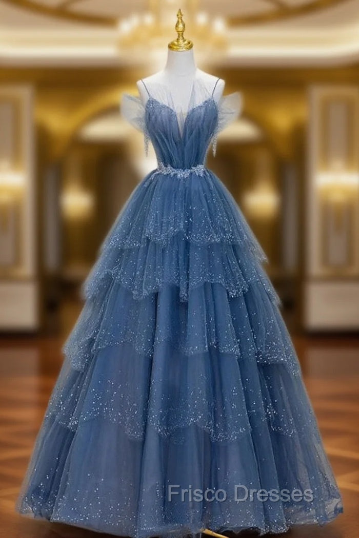 Blue Shiny Tulle Long Beaded A-line Formal Prom Dress, Blue Floor Length Party Dress Main image