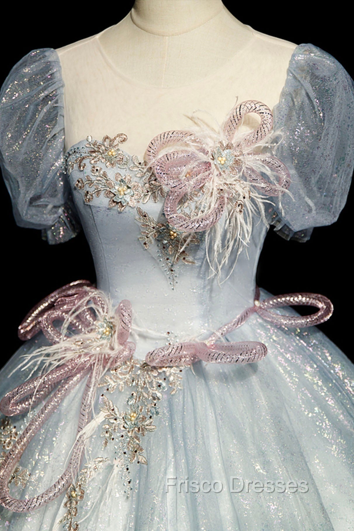 Blue Shiny Tulle Long Formal Prom Dress with Sequins, A-Line Short Sleeve Party Dress Secondary image