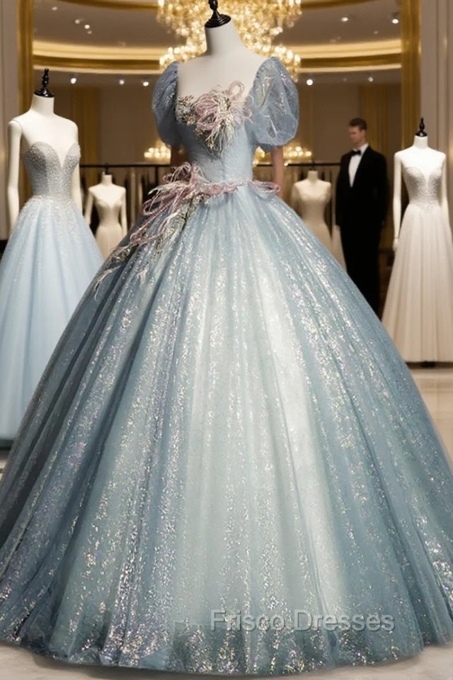 Blue Shiny Tulle Long Formal Prom Dress with Sequins, A-Line Short Sleeve Party Dress
