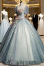 Blue Shiny Tulle Long Formal Prom Dress with Sequins, A-Line Short Sleeve Party Dress
