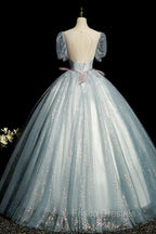 Blue Shiny Tulle Long Formal Prom Dress with Sequins, A-Line Short Sleeve Party Dress